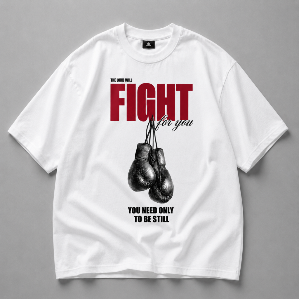 Бяла памучна тениска FIGHT