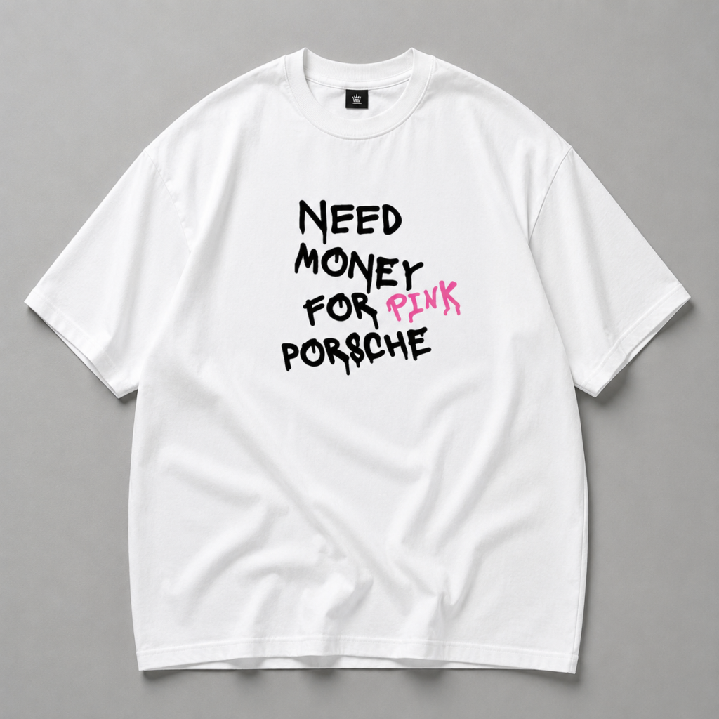 Бяла памучна тениска NEED MONEY FOR PINK PORSCHE — 3