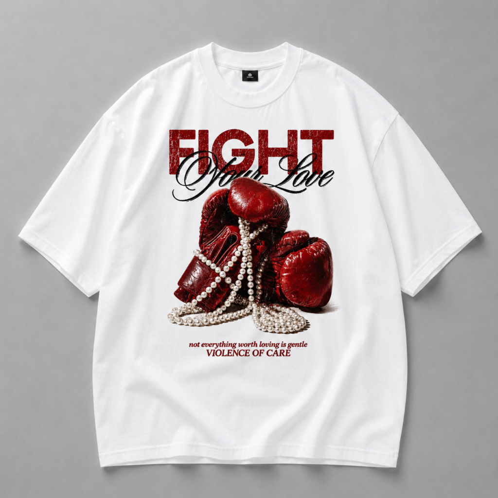 Бяла памучна тениска FIGHT