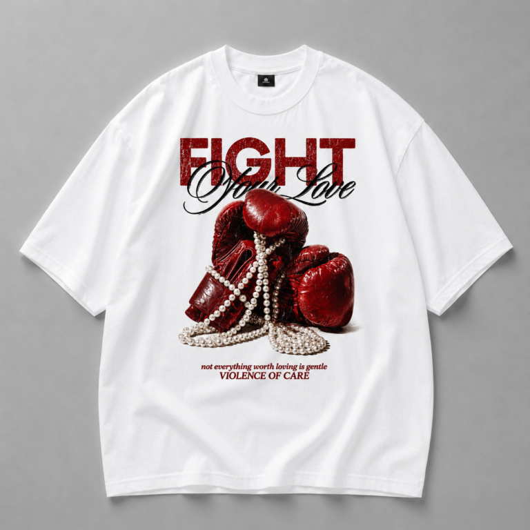 Бяла памучна тениска FIGHT