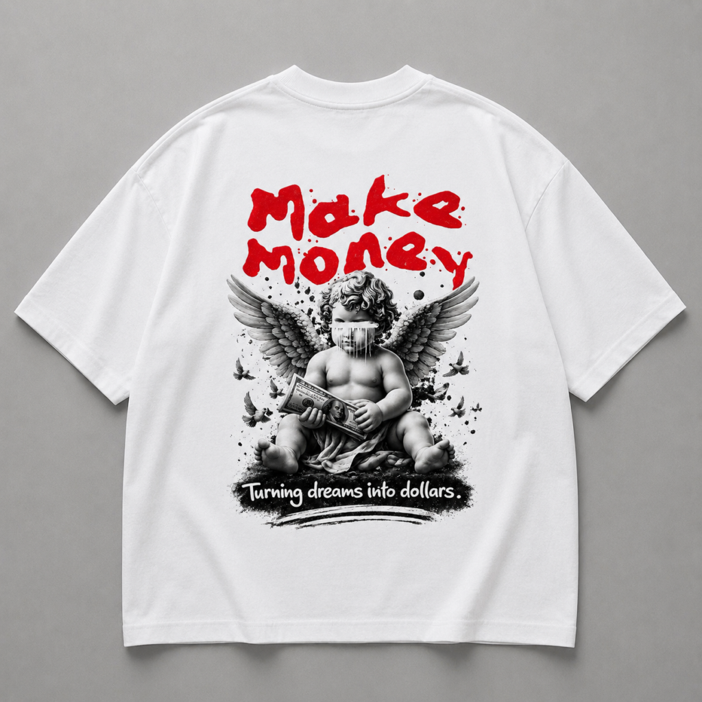 Бяла памучна тениска MAKE MONEY $ — 1