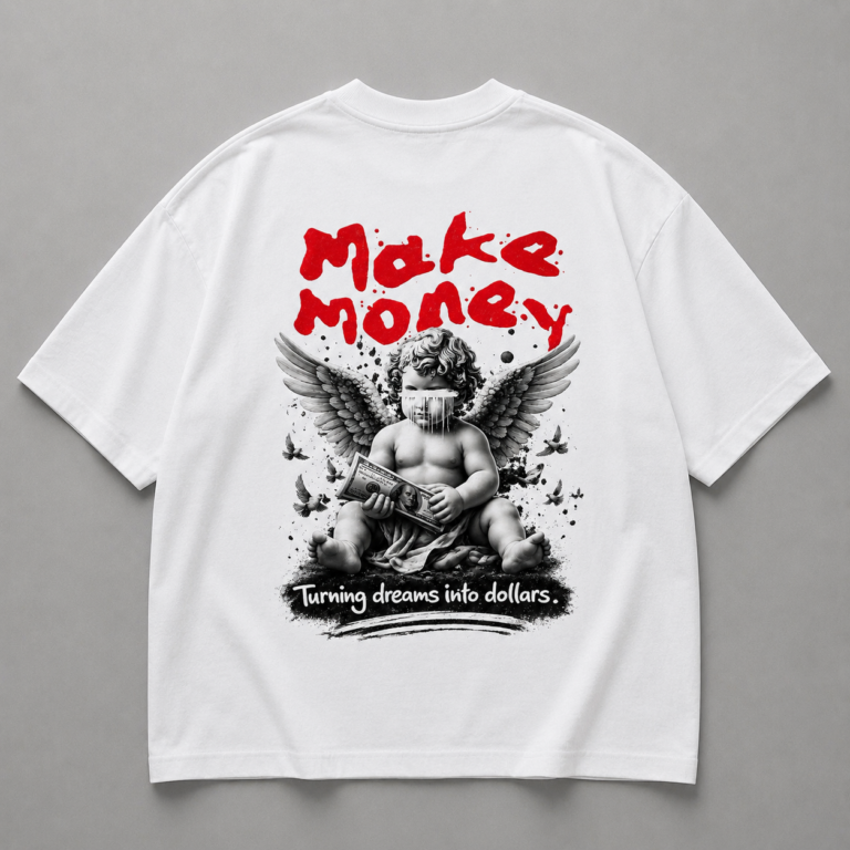 Бяла памучна тениска MAKE MONEY $