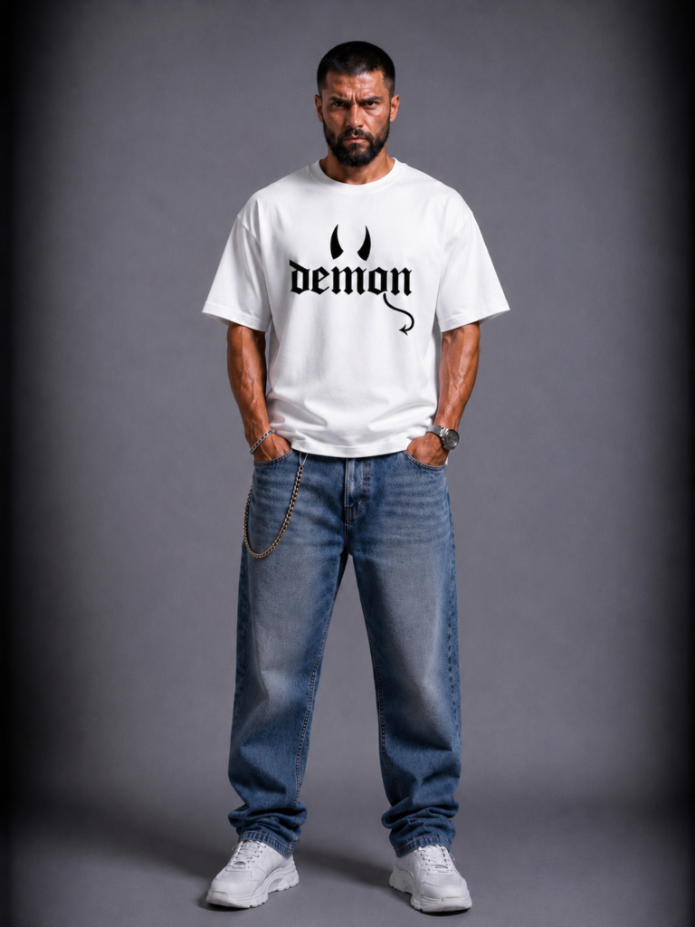Бяла памучна тениска DEMON