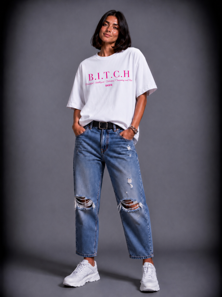 Бяла памучна тениска B.I.T.C.H. — 4